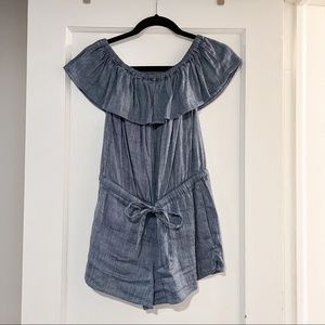 ANN TAYLOR LOFT Blue Denim Chambray Romper String Tie Two Pockets Size XXS